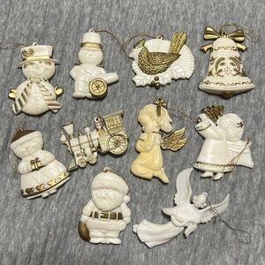 Vintage Gold & White Plastic Christmas Ornaments Lot of 10